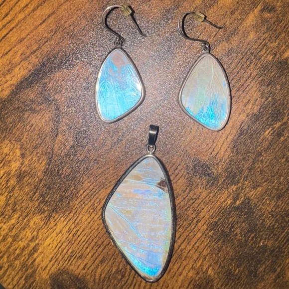 Costa Rican Butterfly Wing Iridescent Silver Earring and Pendant SET - Picture 2 of 7